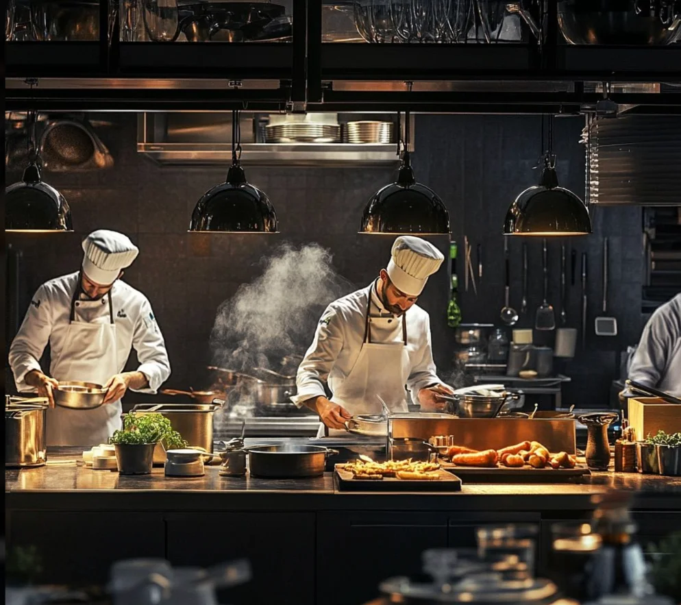 Chefs working a busy open kitchen under warm light