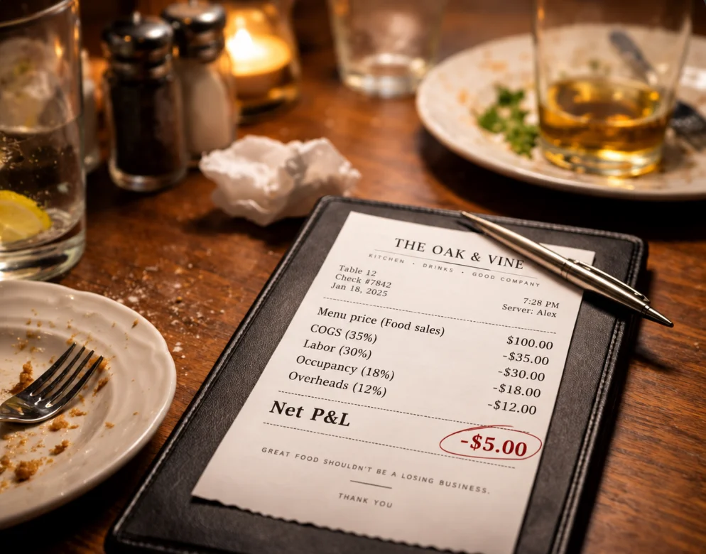 A restaurant cheque broken down into cost lines, showing a negative net result