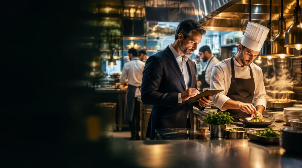An operator reviewing a kitchen pass on a tablet alongside a chef